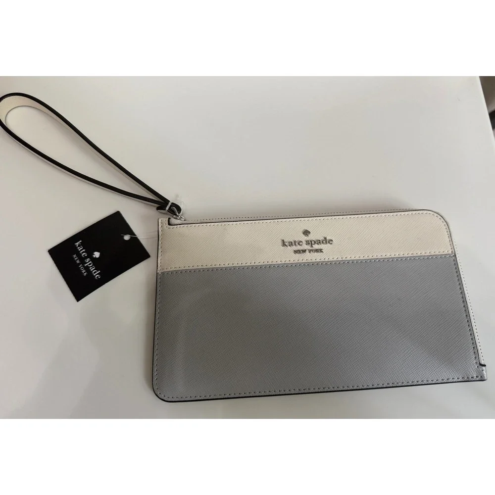 Kate Spade Lucy Medium L-Zip Wristlet Saffiano Leather Colorblock  Grey White - Picture 3 of 6